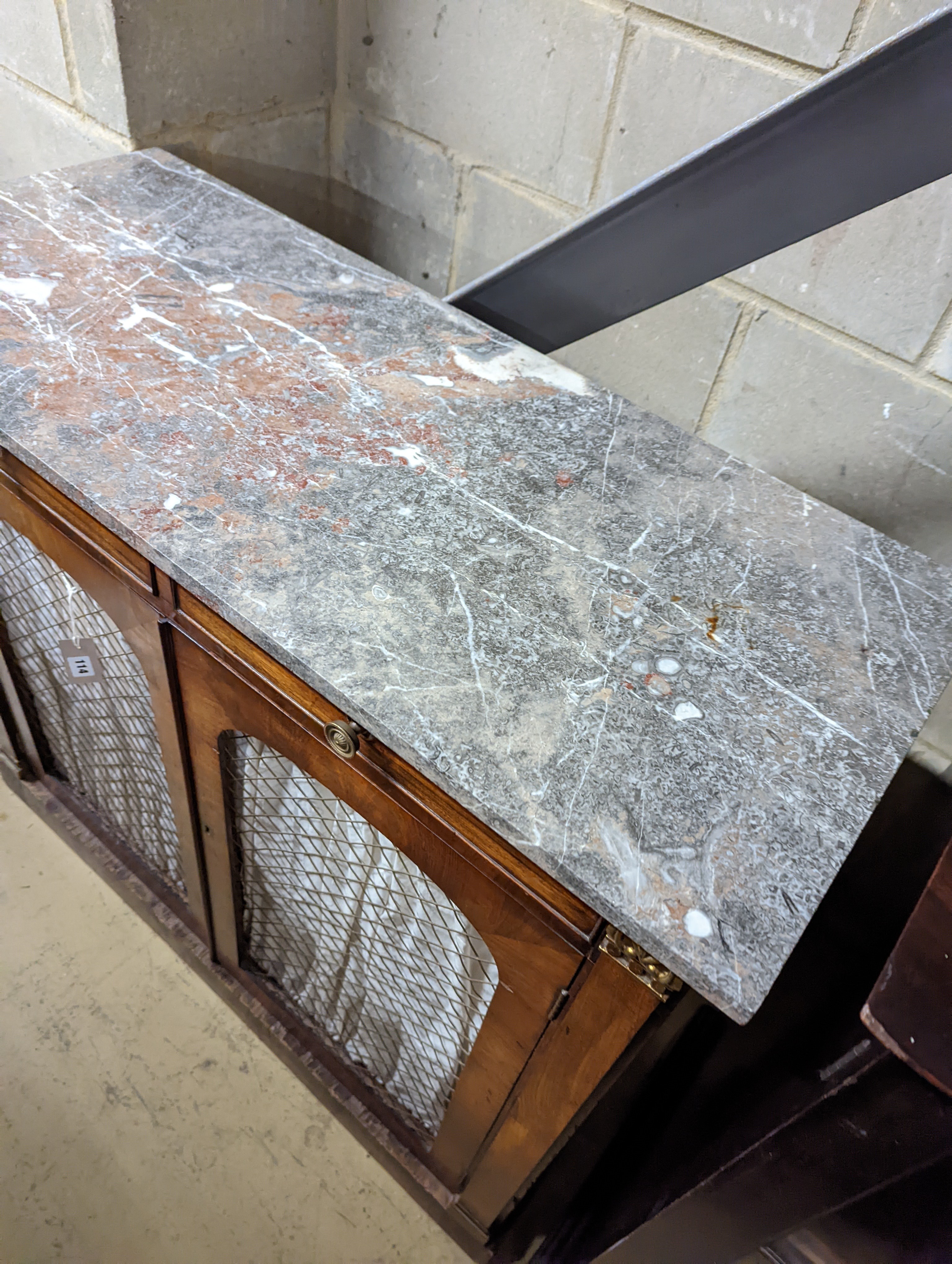 A Regency marble top chiffonier, width 107cm, depth 46cm, height 92cm